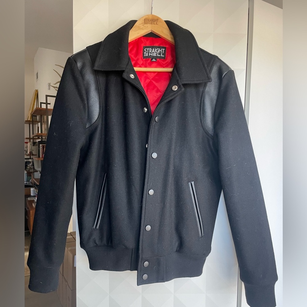 Straight to Hell Jet Jacket Black wool with black leather detail - Small